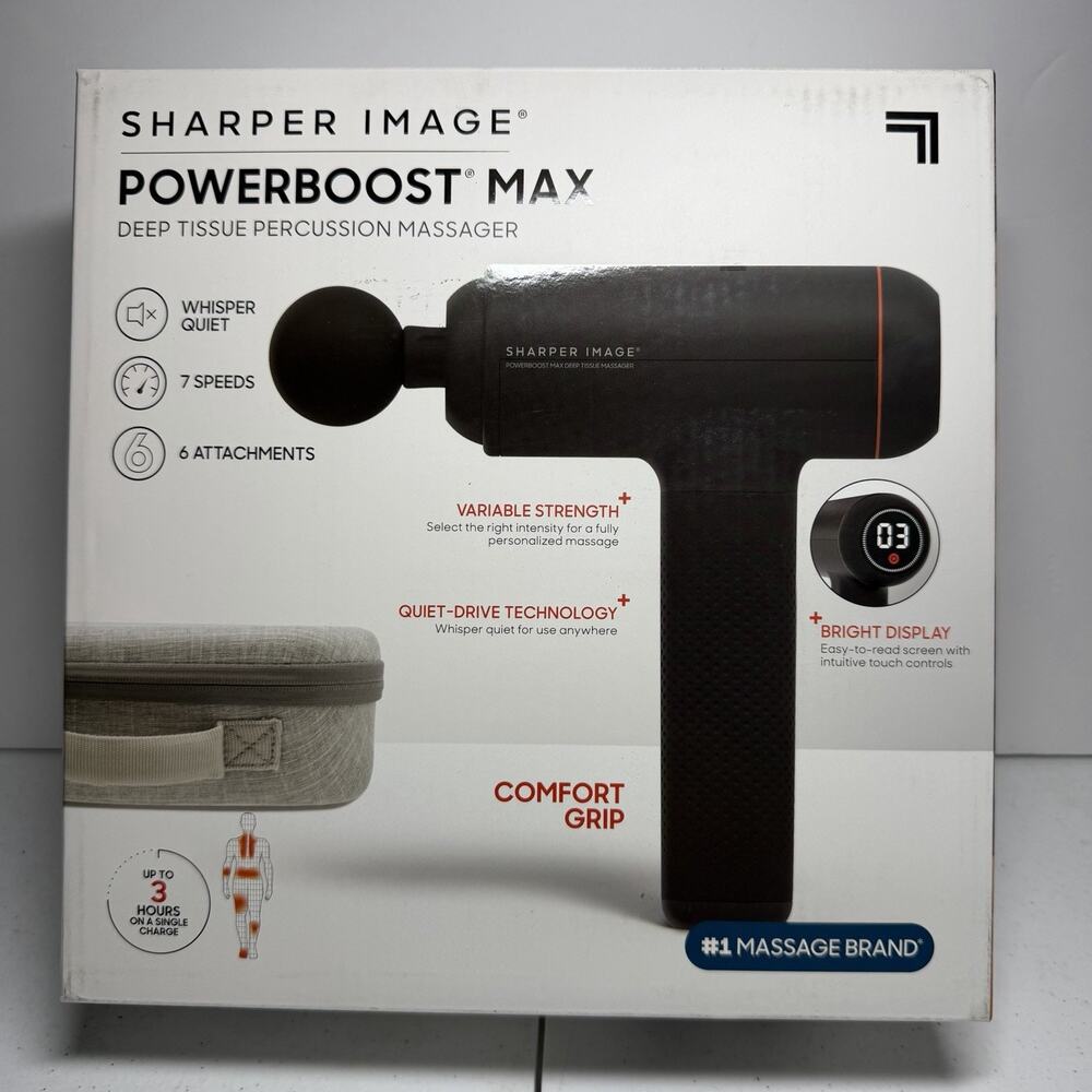 Sharper Image PowerBoost Max, Deep Tissue Percussion Massager Black 7 speed NIB
